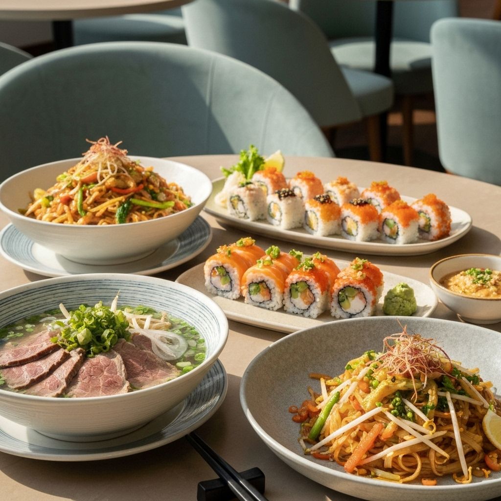 Mint & Maki signature dishes including pho, sushi, and pad thai